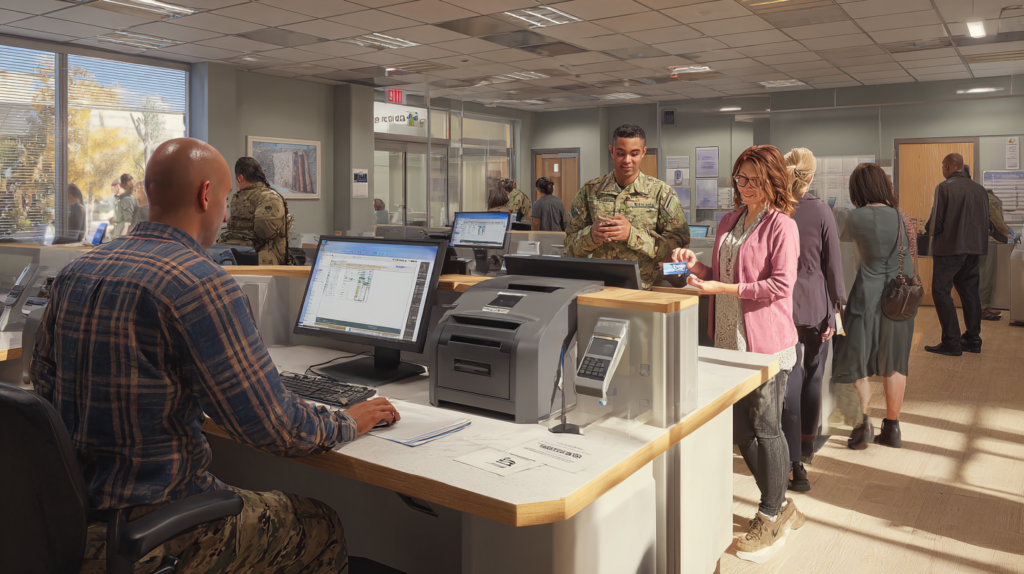 Civilian contractor verifying Air Force member identity documents and processing Common Access Card application at a DEERS RAPIDS workstation inside a Military Personnel Flight office