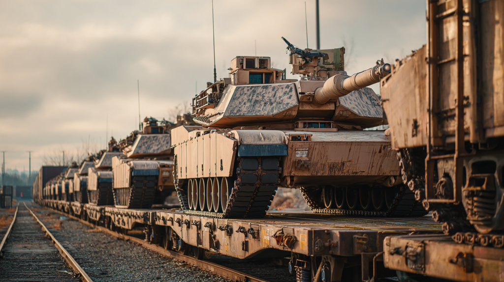 M1A1 Abrams tanks on a rail car for shipment.