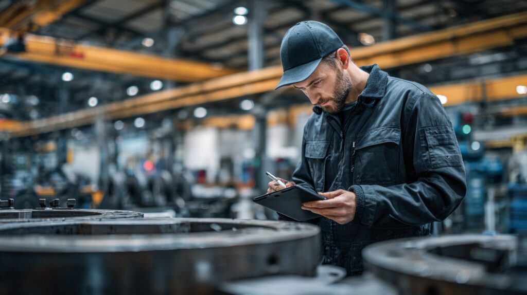 Contractor and uniformed Army soldier reviewing task documentation on a tablet inside an active depot maintenance bay lined with military tactical vehicles
