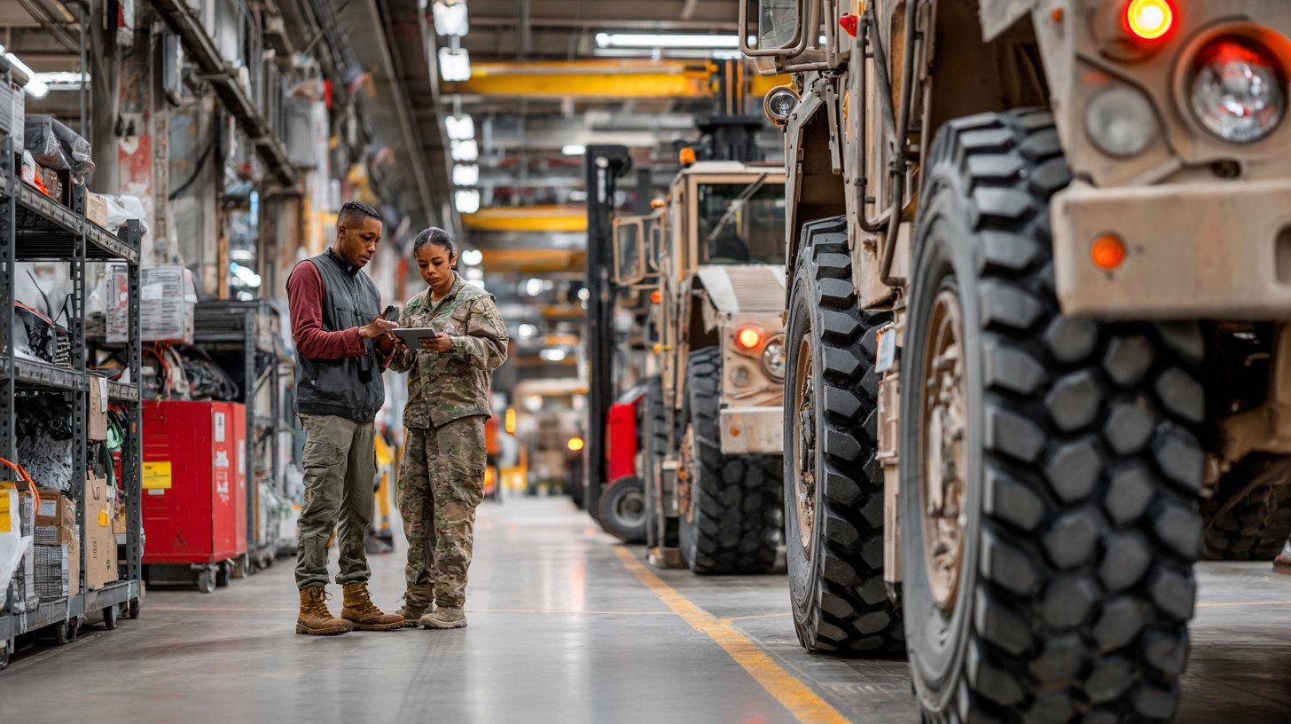 Industrial maintenance technician in work jacket and cap recording inspection data on a clipboard tablet while standing beside large-scale heavy equipment components on a depot production floor