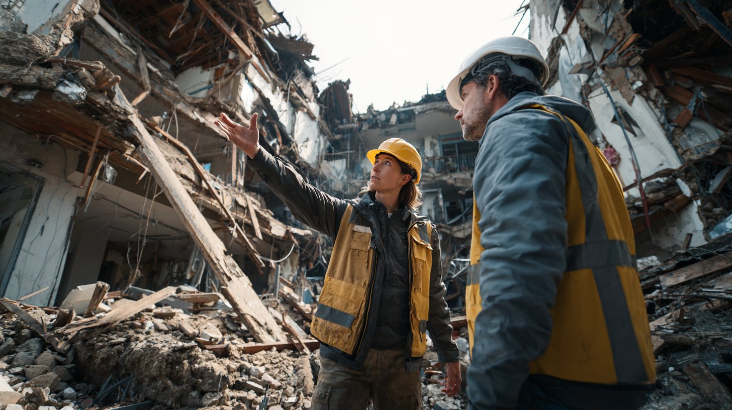 Two disaster assessment specialists wearing hard hats and high-visibility vests standing in front of a severely damaged multi-story building with collapsed floors and exposed structural debris, gesturing toward the damage as they conduct a post-disaster building performance evaluation in support of FEMA mitigation assessment operations