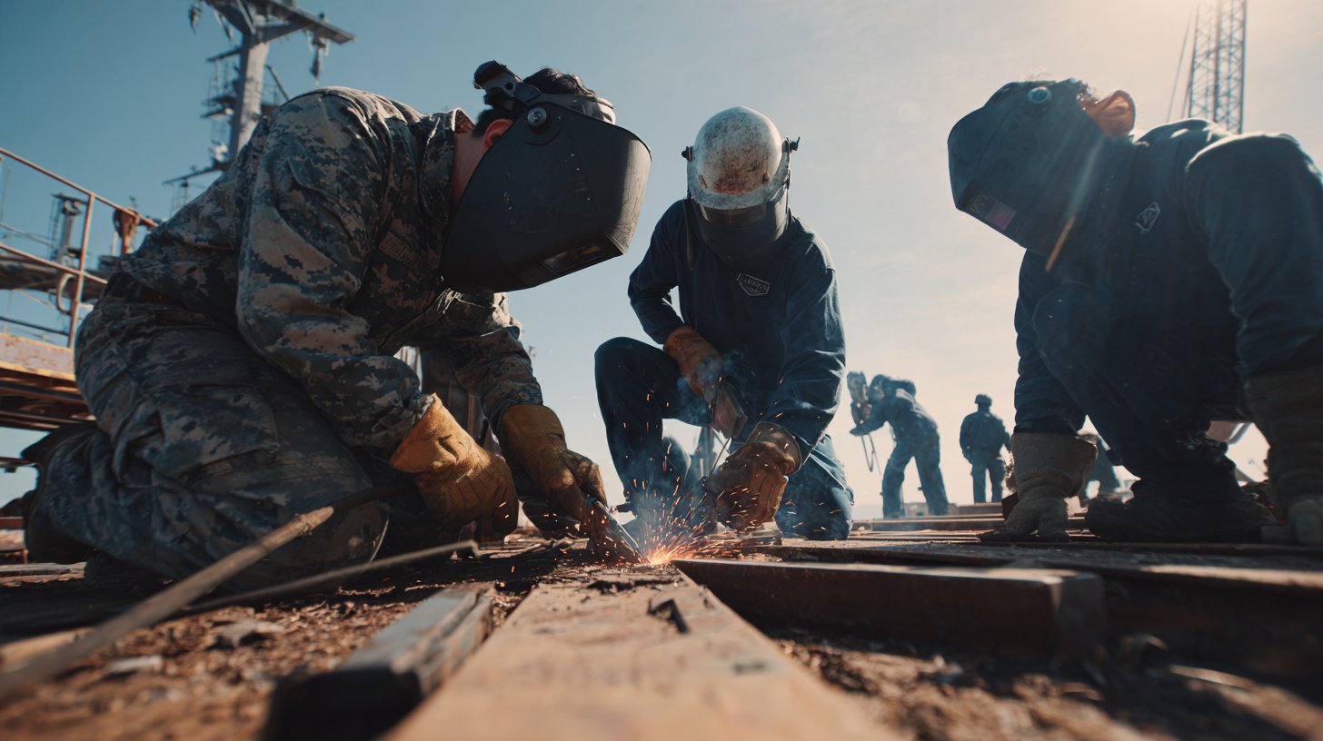 Navy sailor in camouflage uniform and a civilian instructor in a blue coverall welding structural steel on an outdoor ship deck, with additional trainees working in the background under a clear sky, illustrating live Seabee construction training at a Naval Construction Training Center learning site