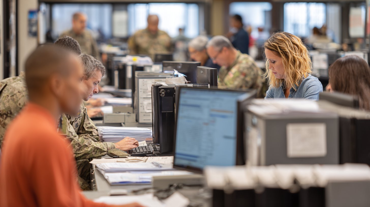 Civilian and military personnel working side by side at a row of computer workstations inside a busy military administrative processing office, supporting personnel records, CAC card services, and human resources operations on a federal installation