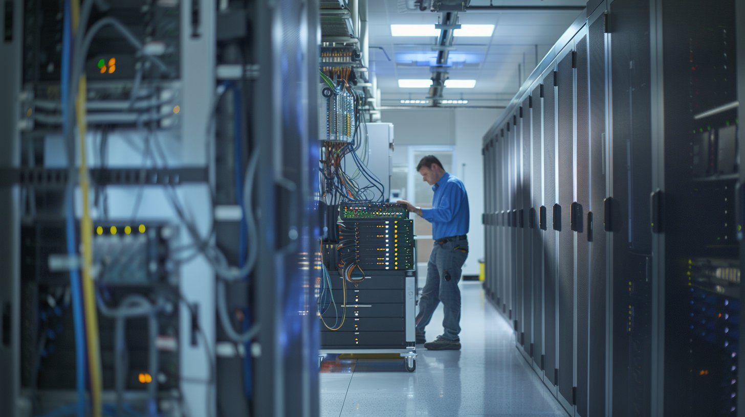 IT technician in a blue shirt configuring rack-mounted server and network equipment in a federal data center aisle, surrounded by server cabinets and cable management systems representing enterprise IT operations and maintenance support