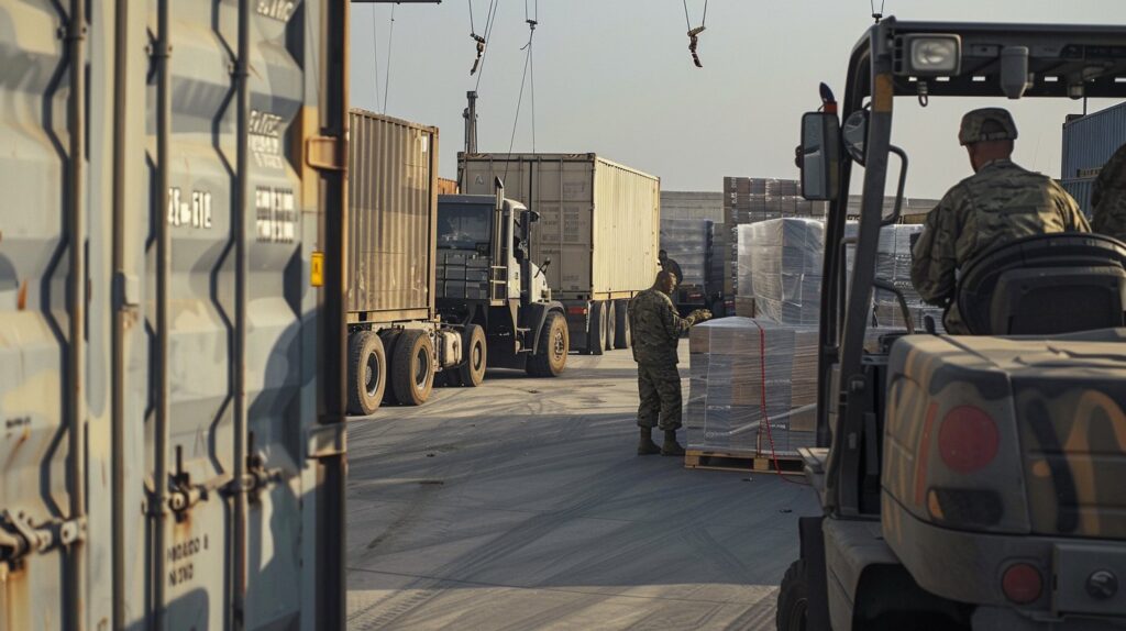 Warehouse operations personnel managing furnishings inventory and material handling inside a military housing support facility at Sheppard Air Force Base
