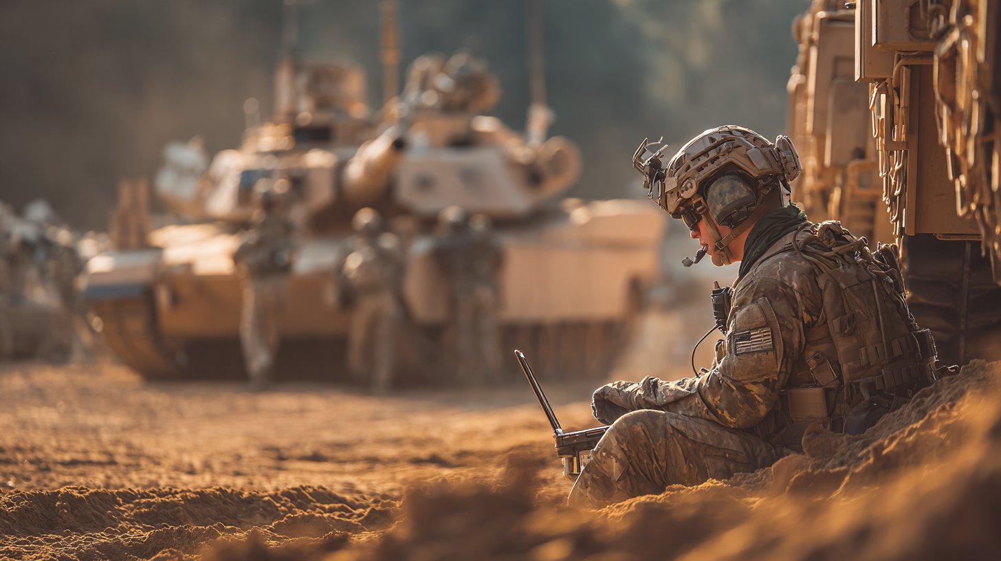 Field technician providing on-site technical support to Army personnel using a ruggedized laptop during a live training exercise with armored vehicles
